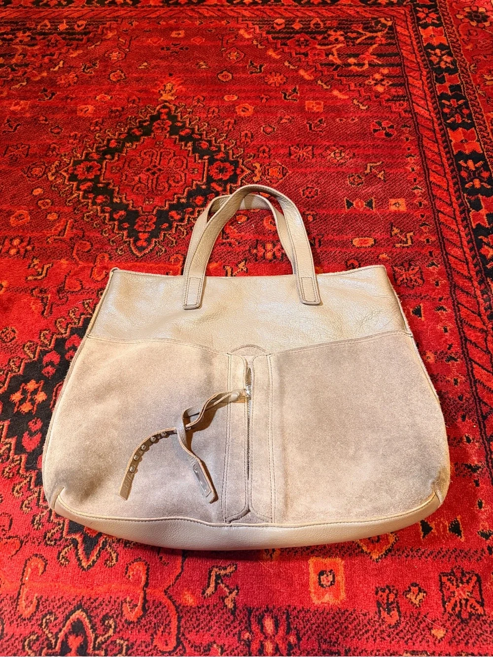 Neutral Taupe Leather & Suede Tote Bag - Versatile Everyday Carry